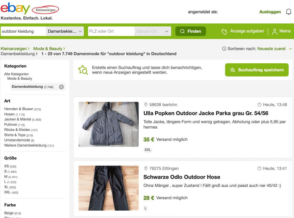Kleinanzeigen Outdoor Bekleidung finden