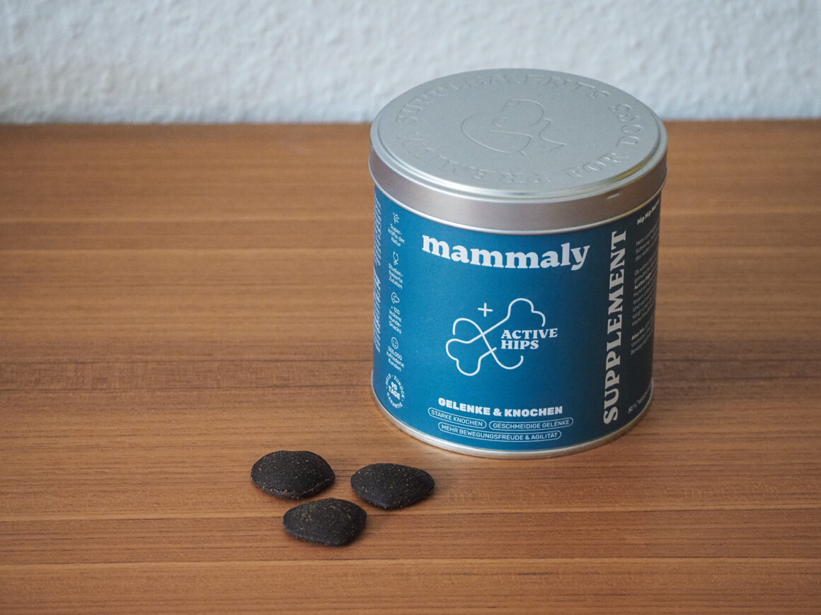 Dose von Mammaly Active Hips mit drei Gelenk-Snacks auf einem Holztisch.